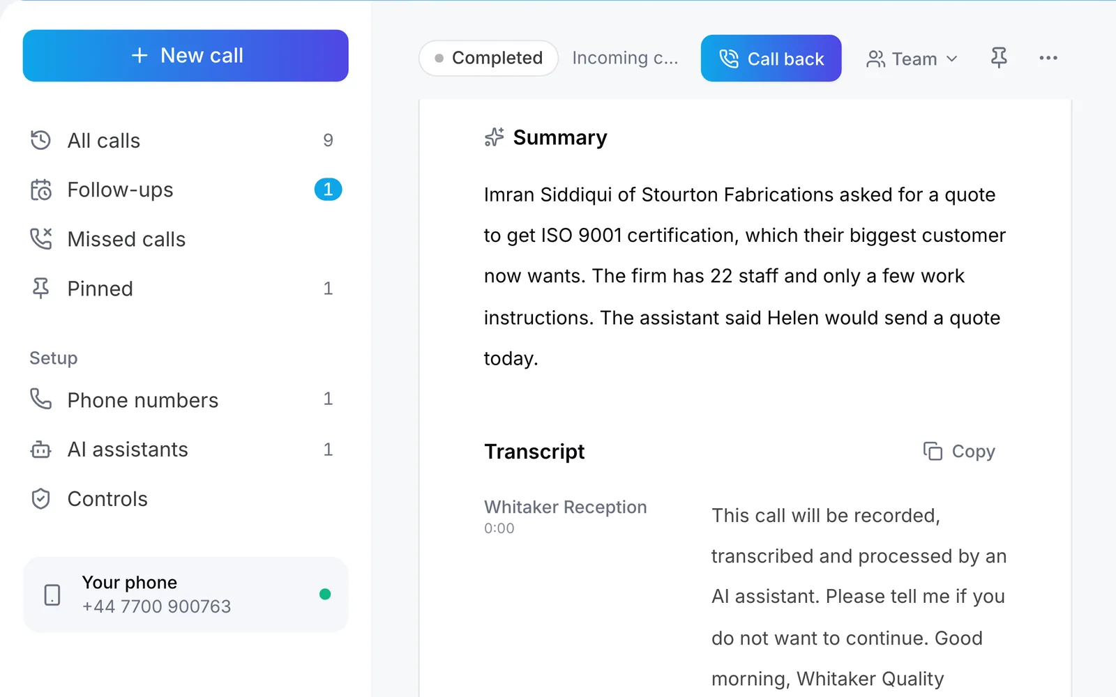 Raq.com Voice Calls showing the summary and transcript of Imran’s call