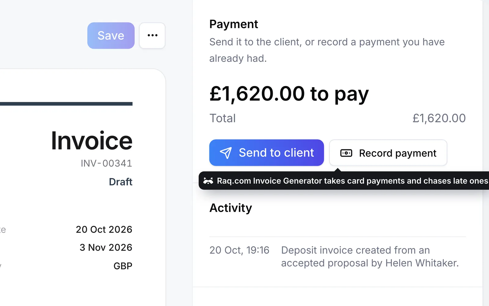 The deposit invoice in Raq.com Invoice Generator, ready to send