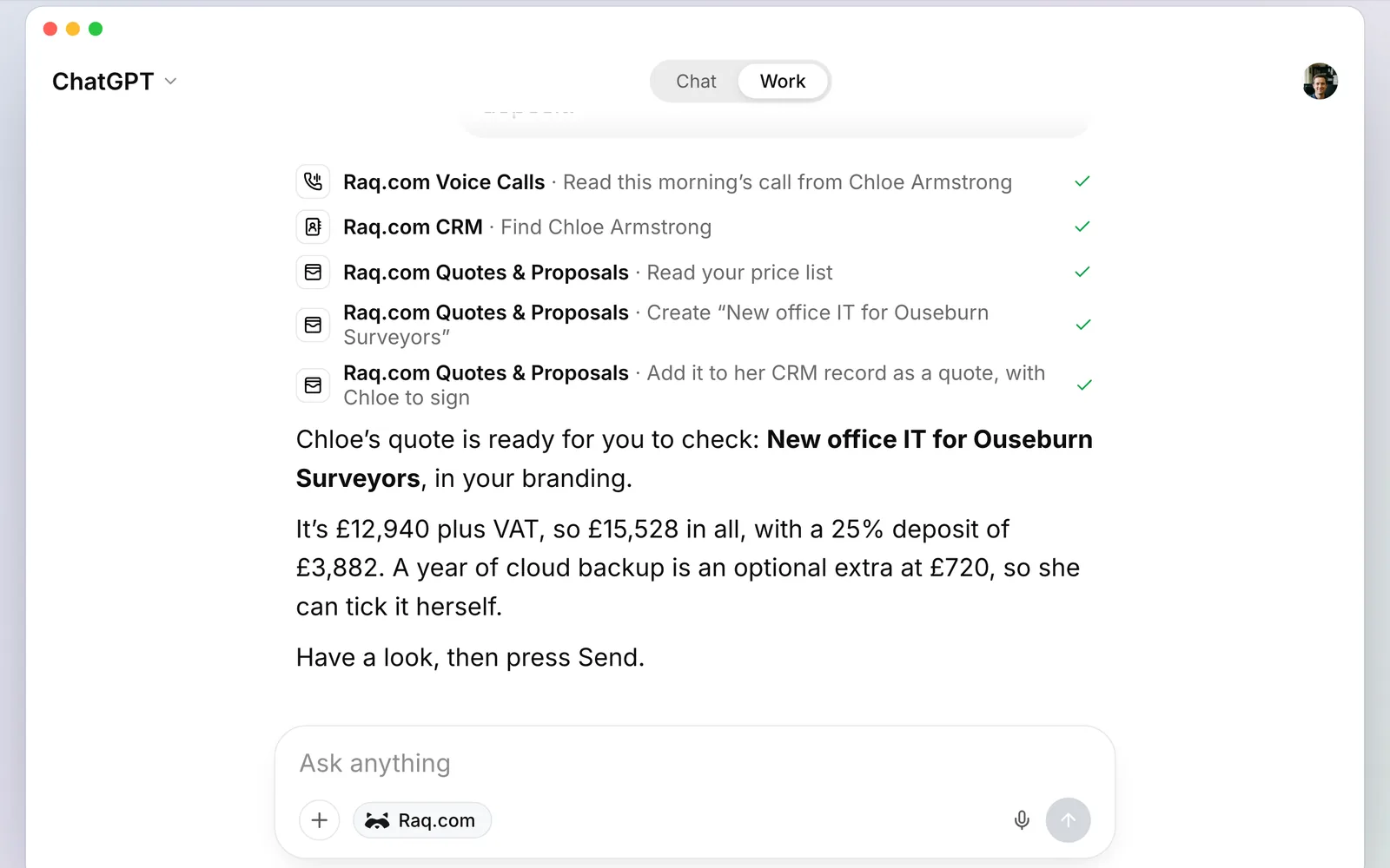 ChatGPT using Raq.com to read the call, find Chloe in the CRM and build the quote