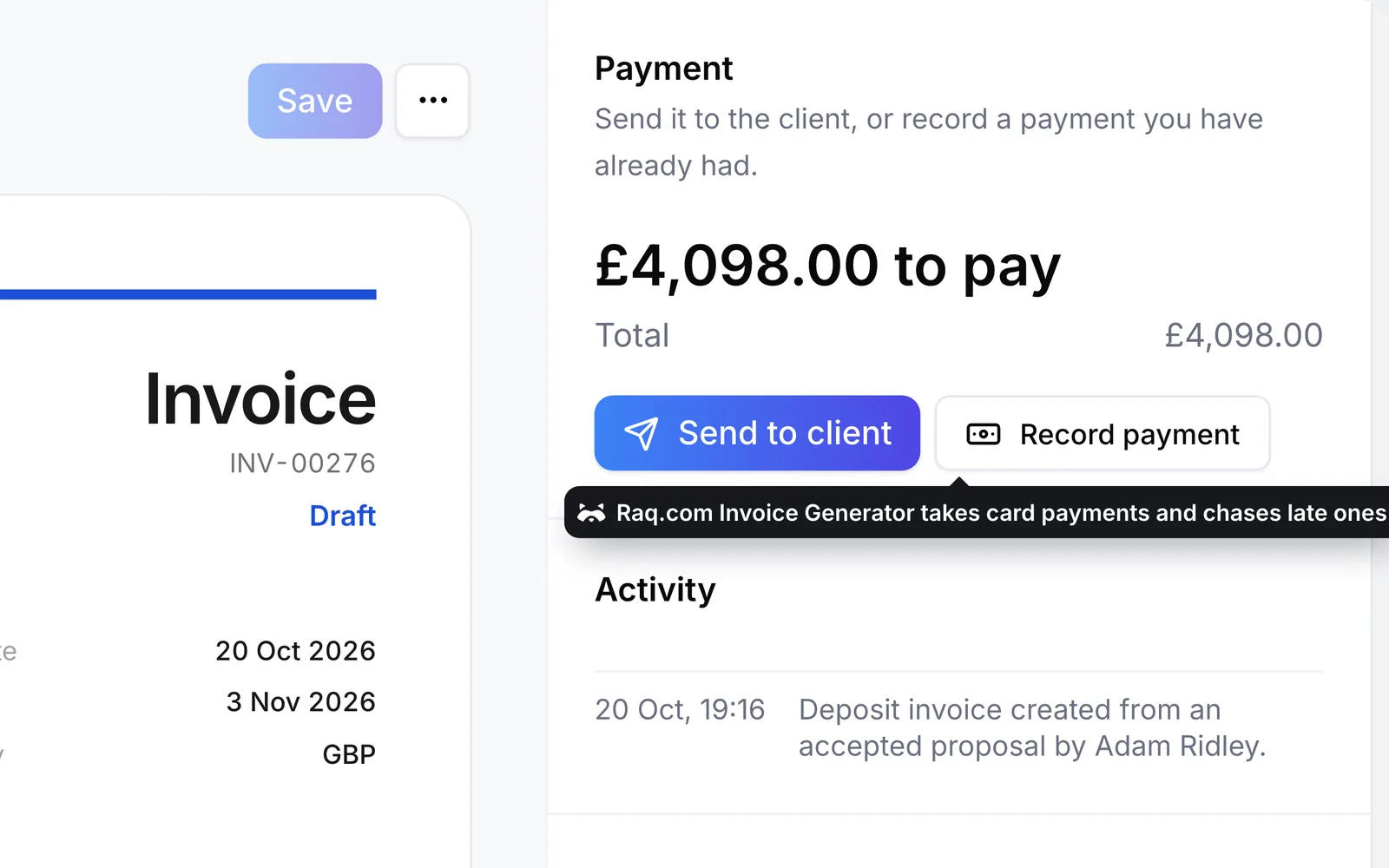 The deposit invoice in Raq.com Invoice Generator, ready to send