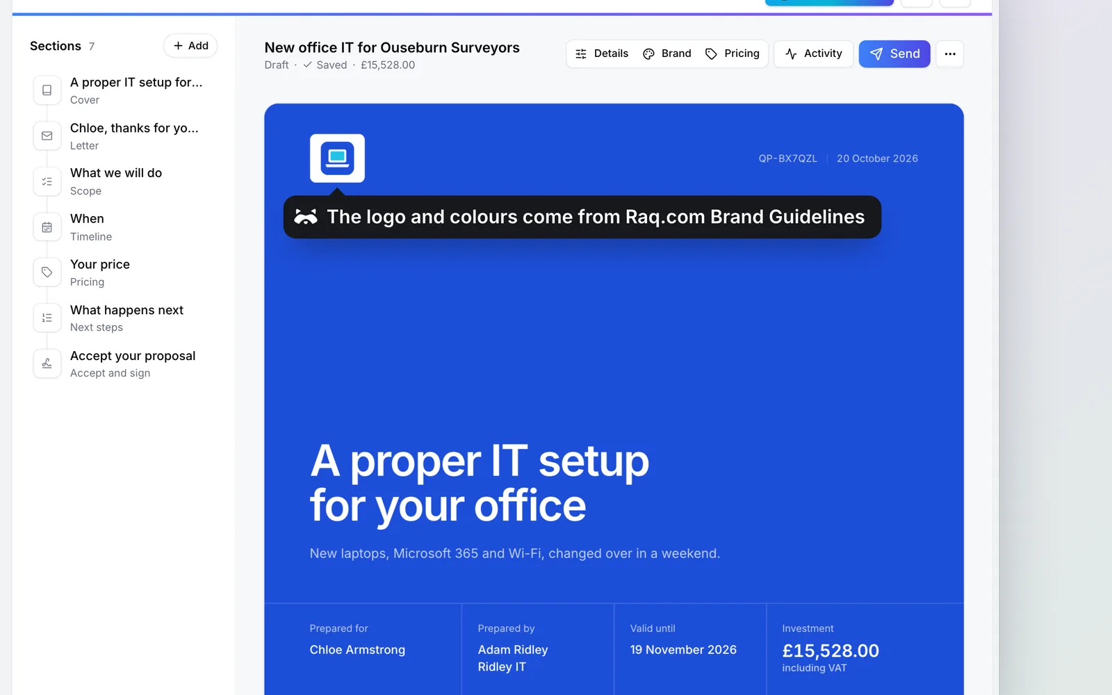 The quote in Raq.com Quotes & Proposals, in Ridley IT’s branding