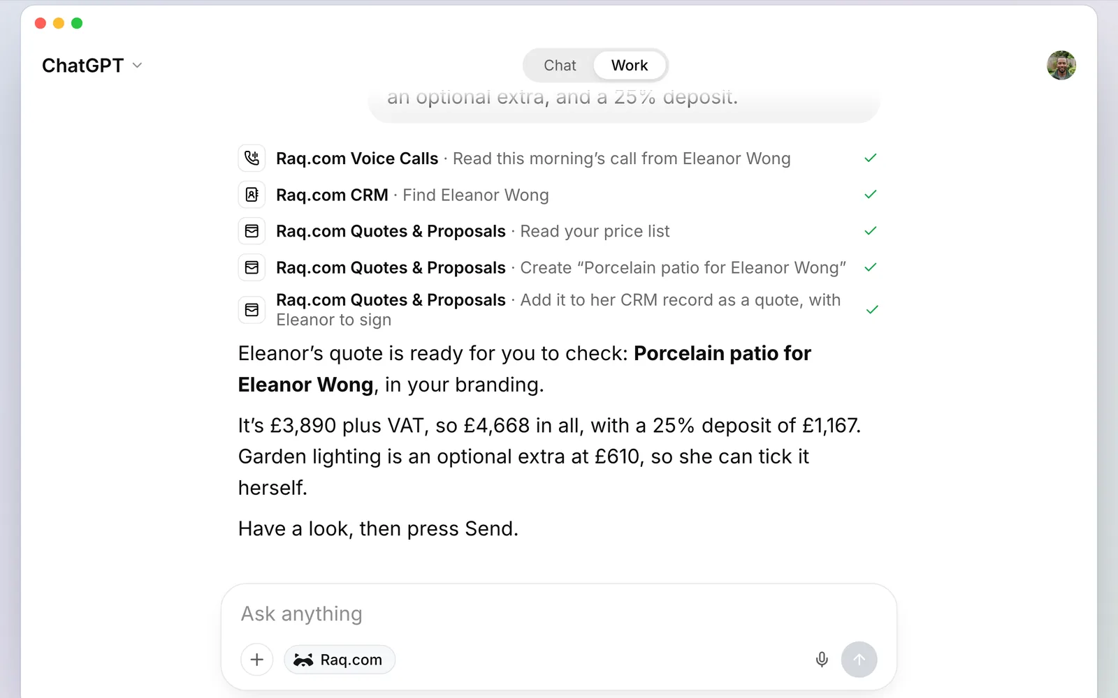 ChatGPT using Raq.com to read the call, find Eleanor in the CRM and build the quote