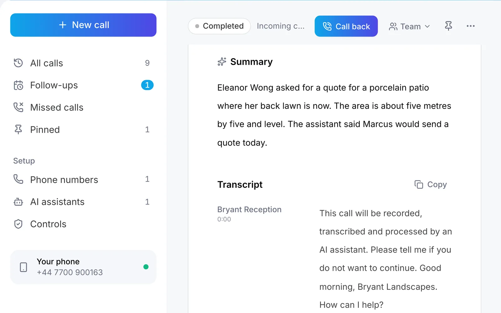 Raq.com Voice Calls showing the summary and transcript of Eleanor’s call
