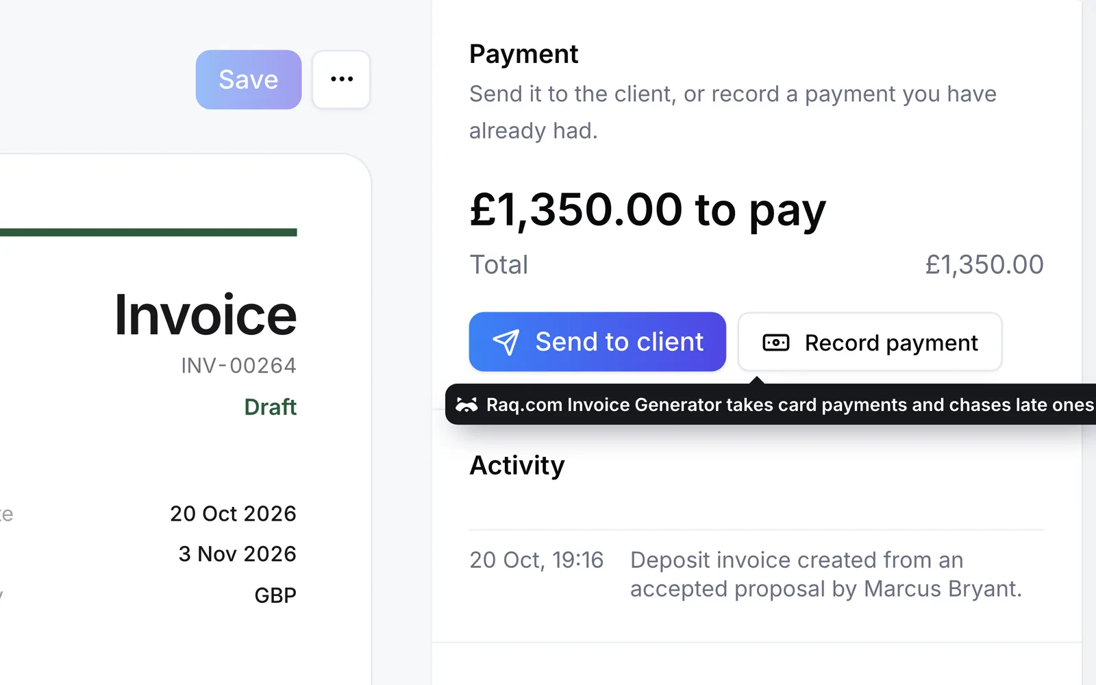 The deposit invoice in Raq.com Invoice Generator, ready to send