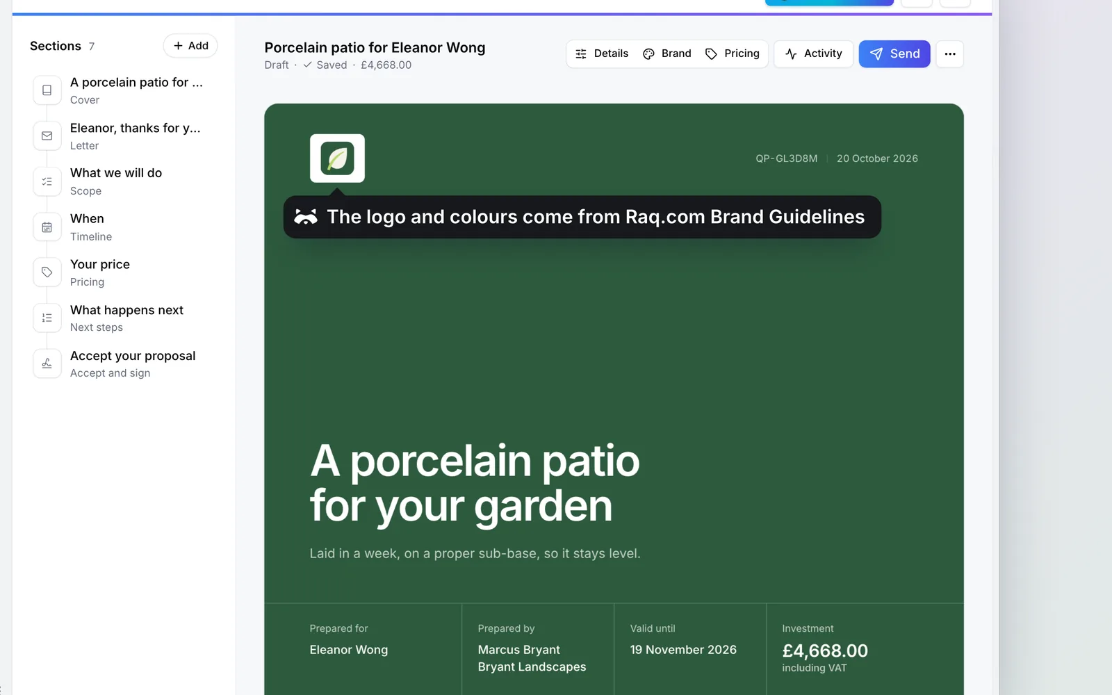 The quote in Raq.com Quotes & Proposals, in Bryant Landscapes’s branding