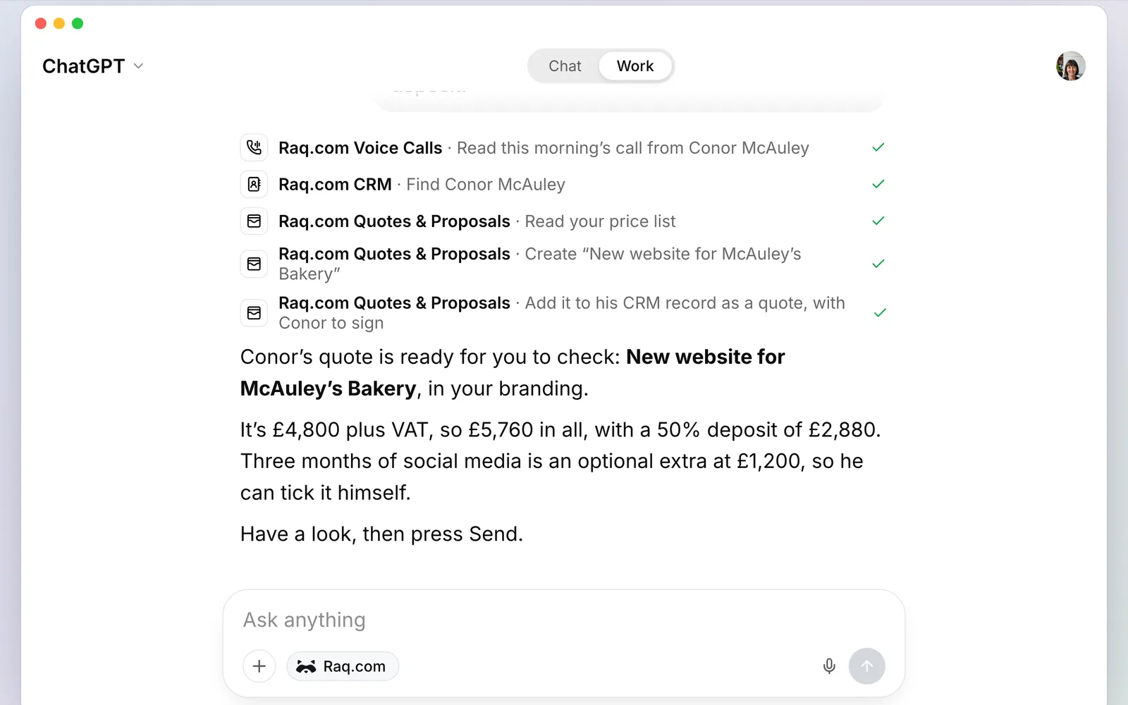 ChatGPT using Raq.com to read the call, find Conor in the CRM and build the quote