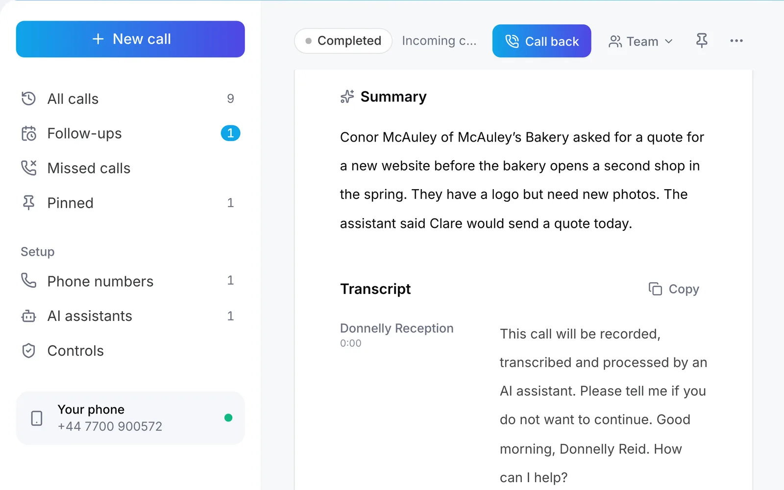 Raq.com Voice Calls showing the summary and transcript of Conor’s call