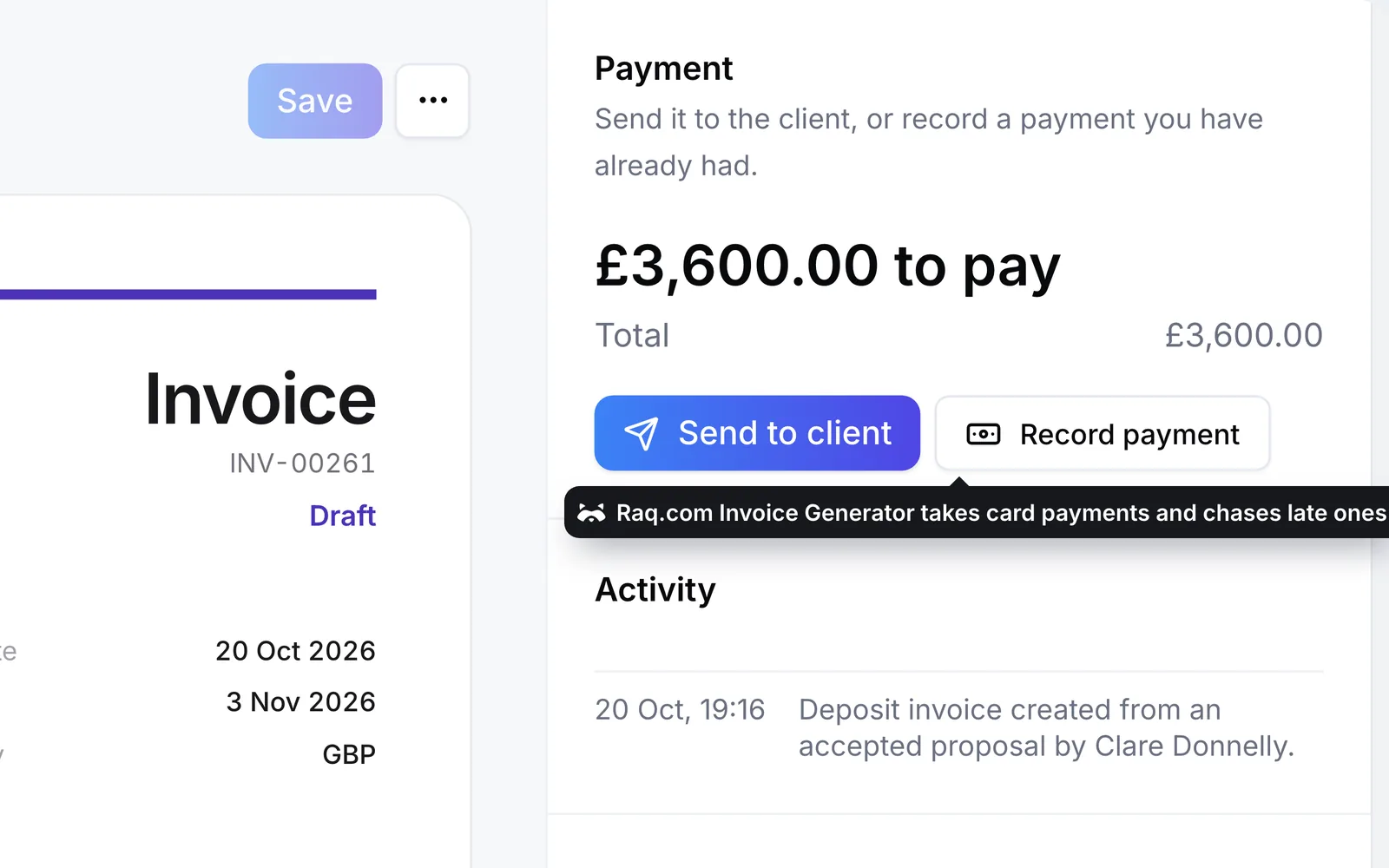 The deposit invoice in Raq.com Invoice Generator, ready to send