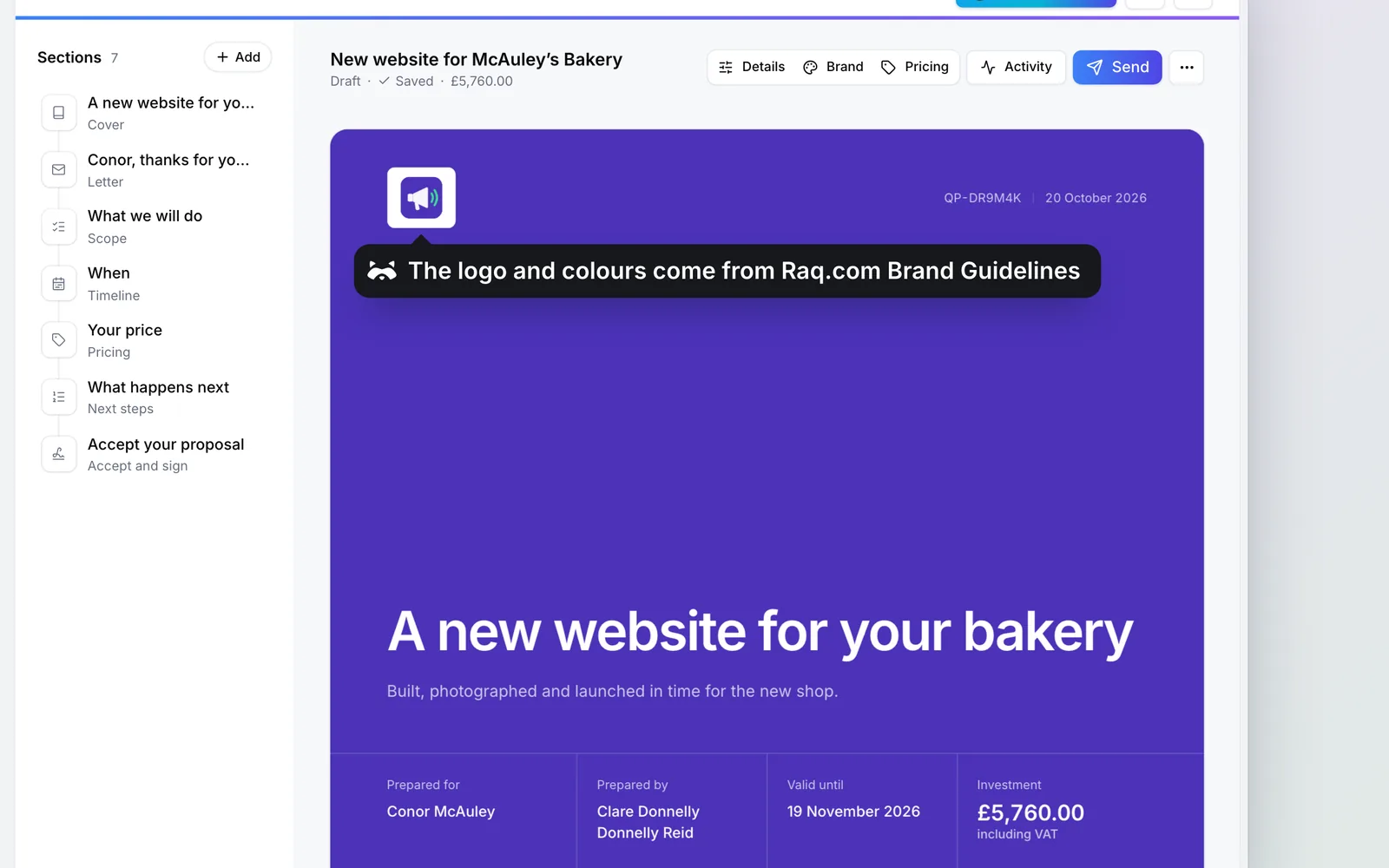 The quote in Raq.com Quotes & Proposals, in Donnelly Reid’s branding