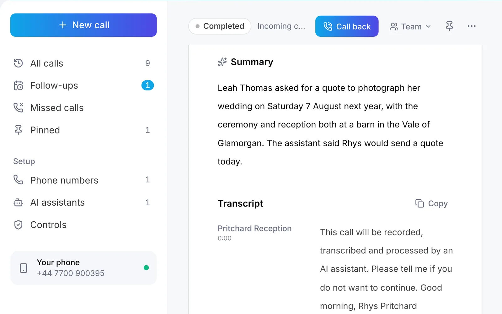 Raq.com Voice Calls showing the summary and transcript of Leah’s call