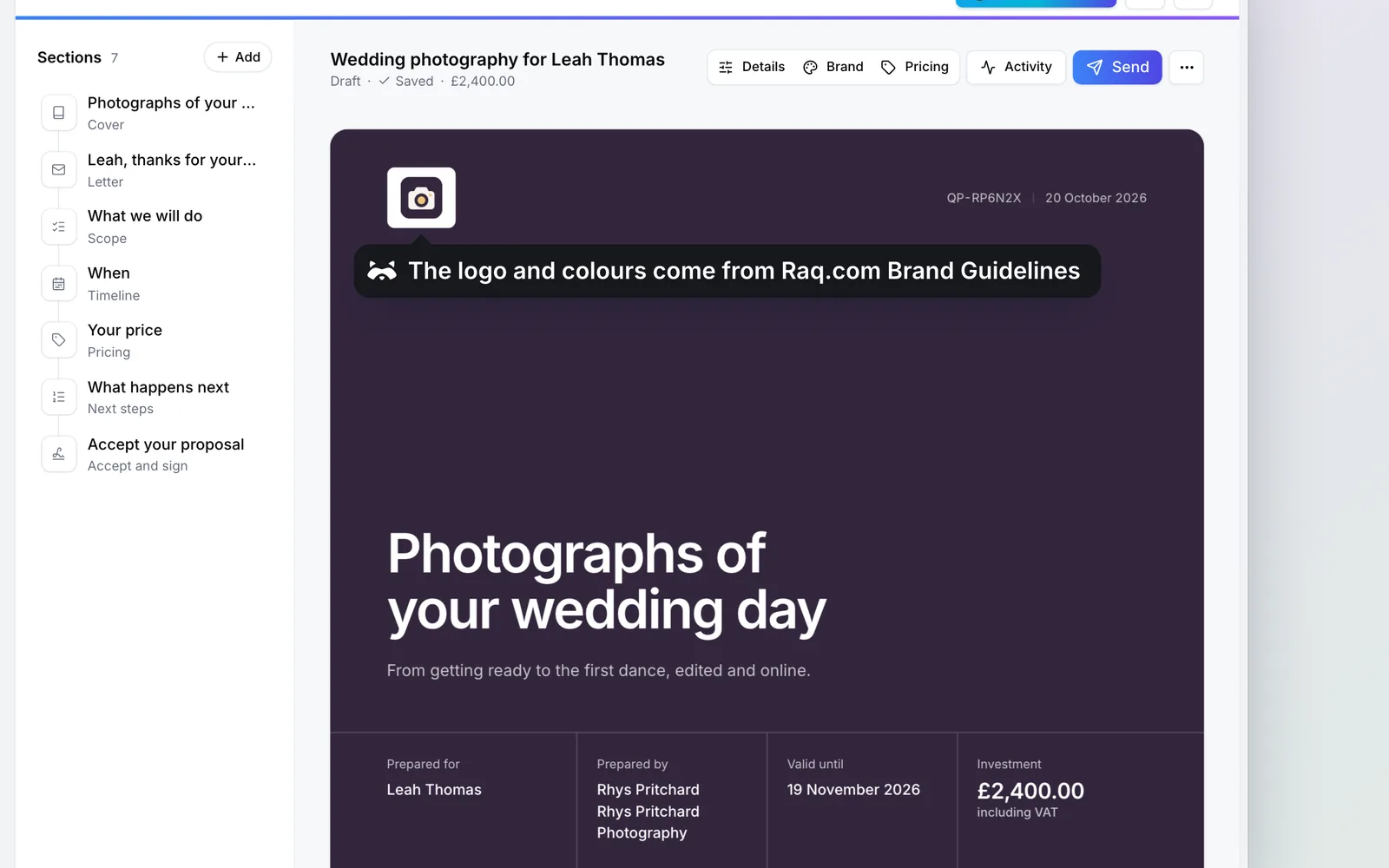 The quote in Raq.com Quotes & Proposals, in Rhys Pritchard Photography’s branding