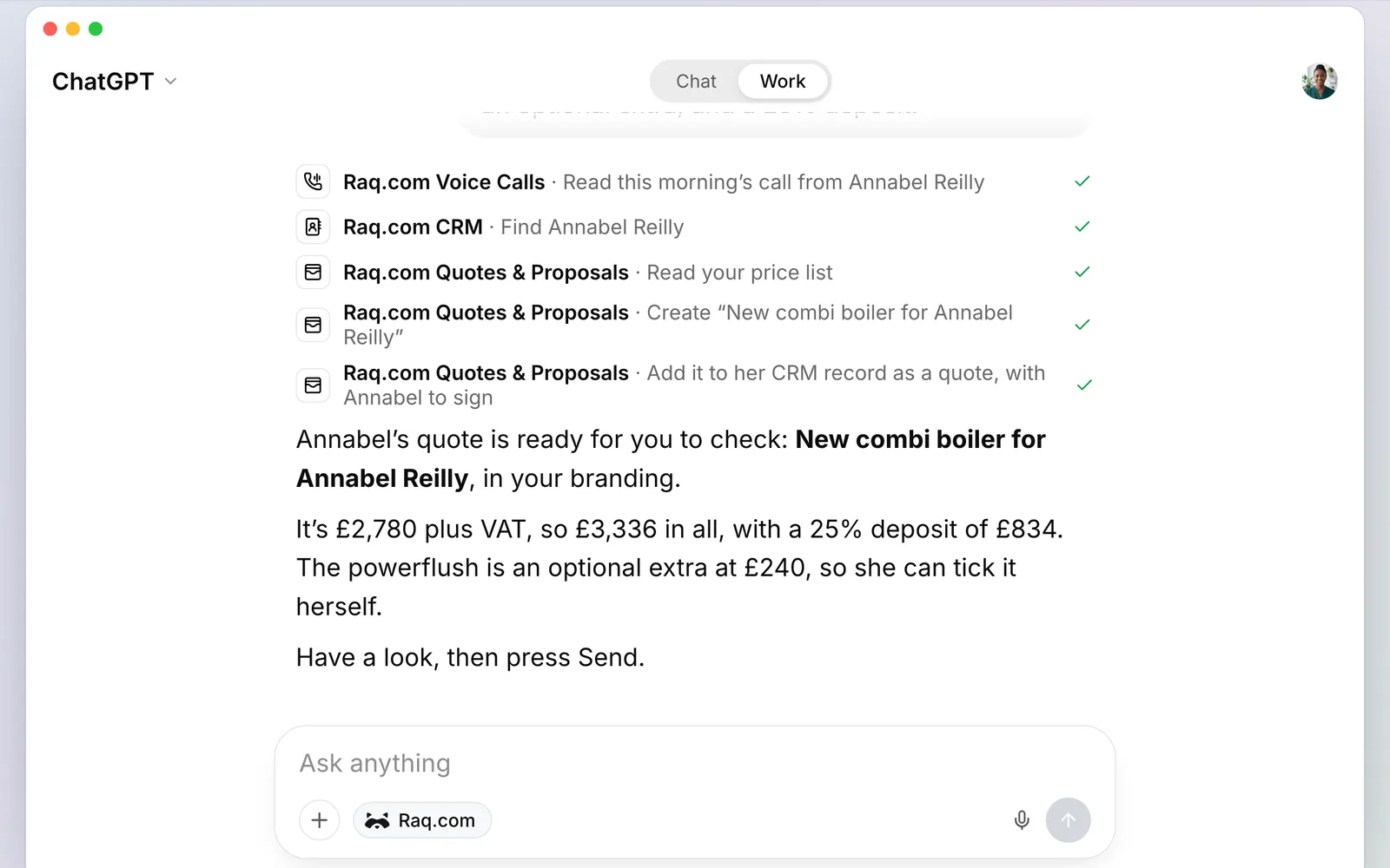 ChatGPT using Raq.com to read the call, find Annabel in the CRM and build the quote