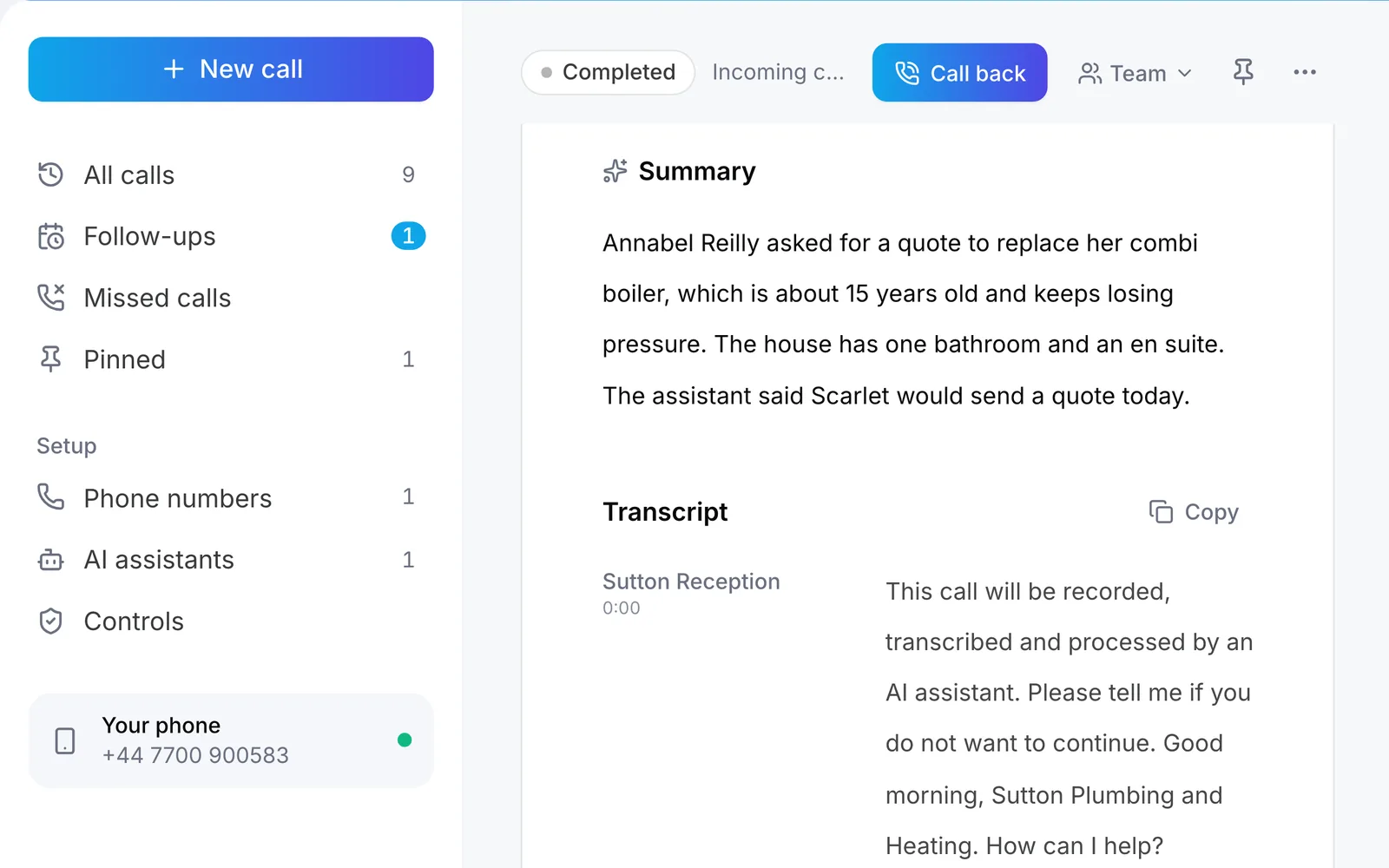 Raq.com Voice Calls showing the summary and transcript of Annabel’s call
