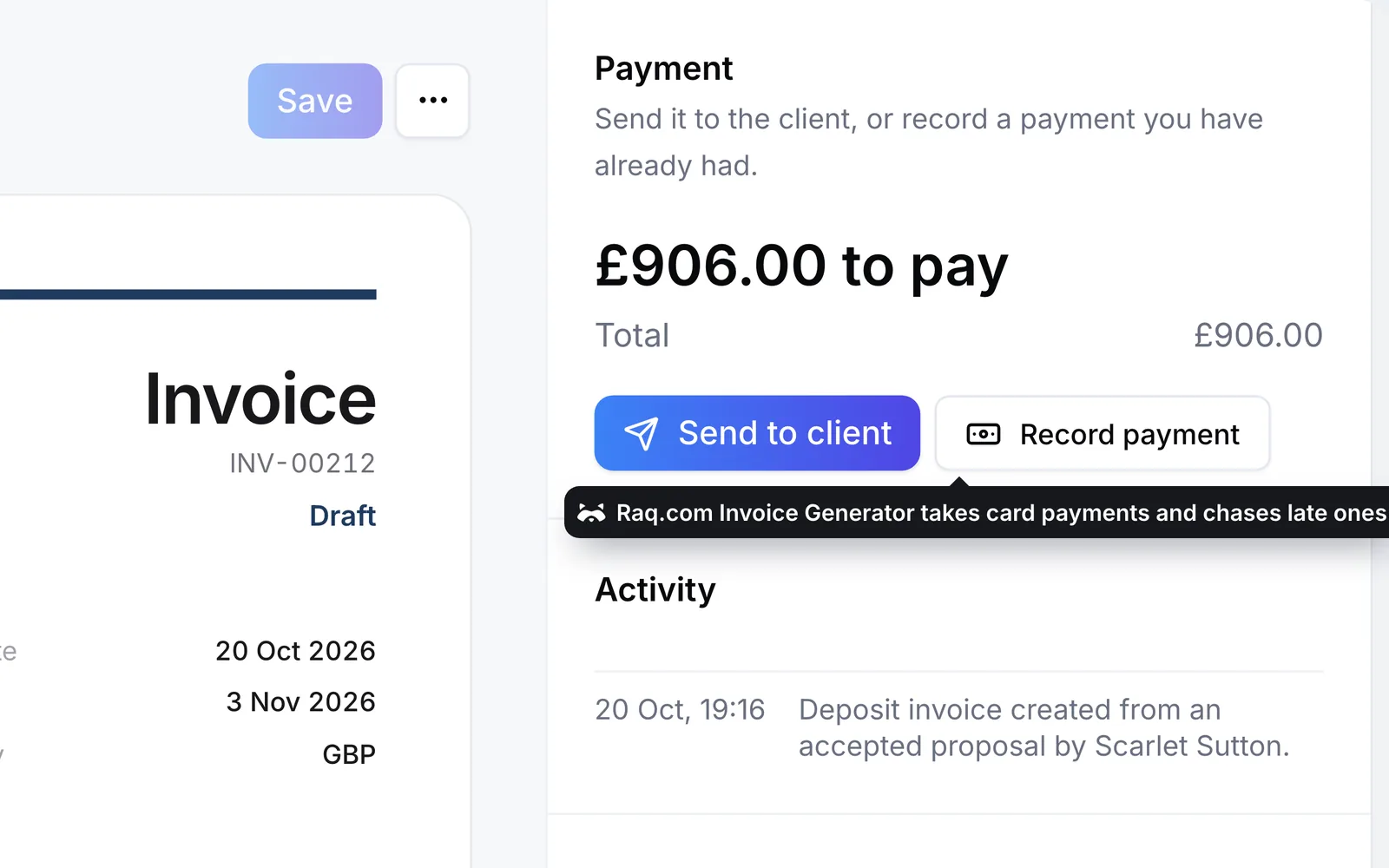 The deposit invoice in Raq.com Invoice Generator, ready to send
