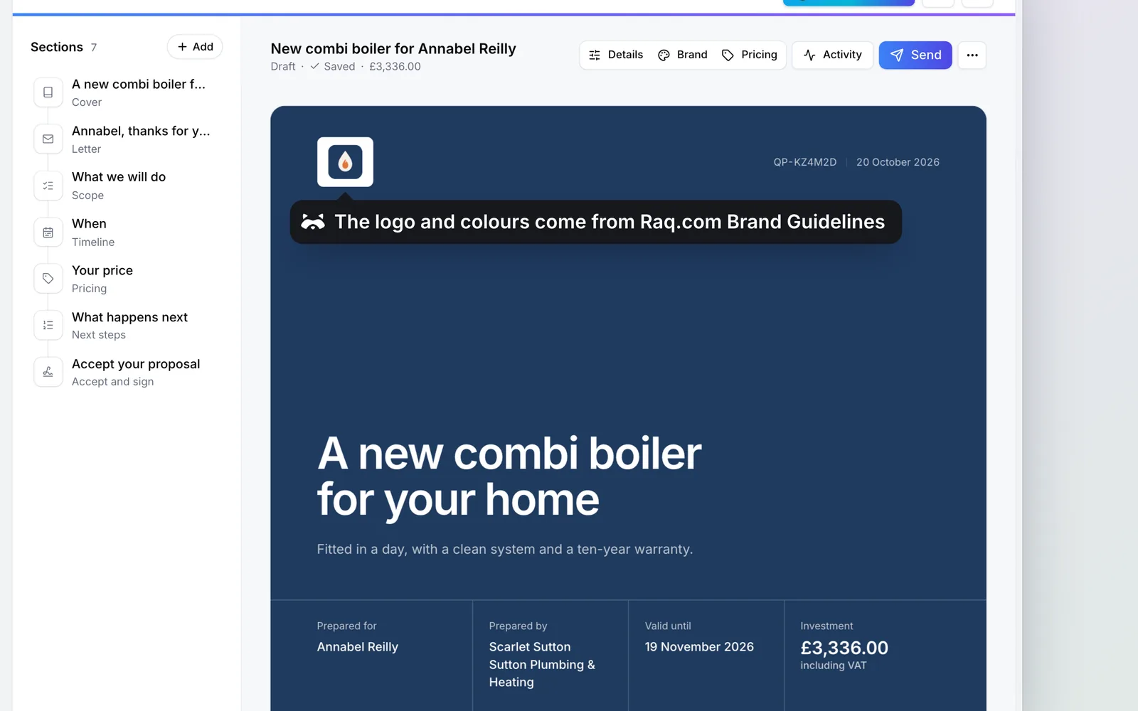 The quote in Raq.com Quotes & Proposals, in Sutton Plumbing & Heating’s branding