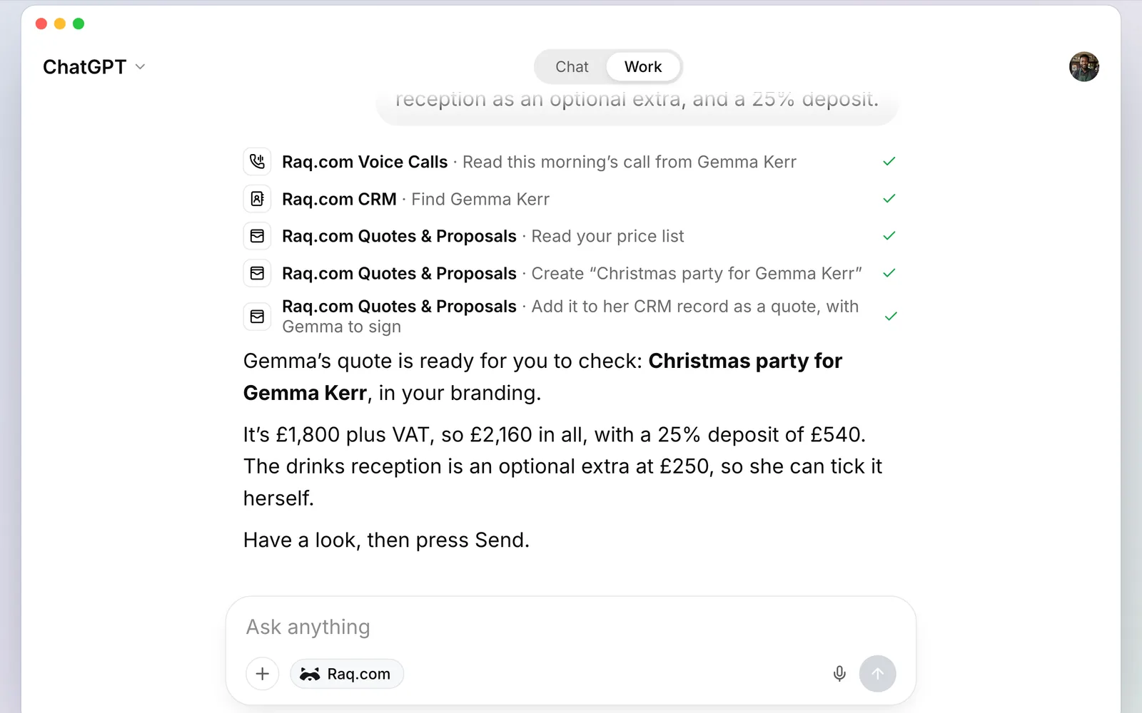 ChatGPT using Raq.com to read the call, find Gemma in the CRM and build the quote