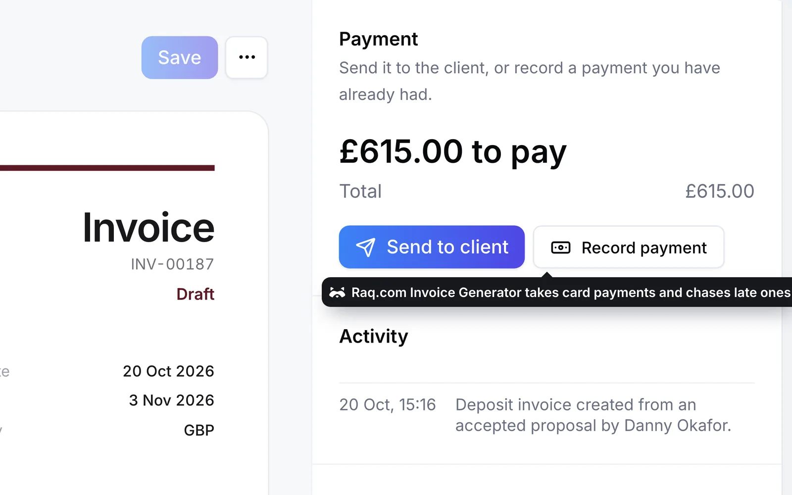 The deposit invoice in Raq.com Invoice Generator, ready to send