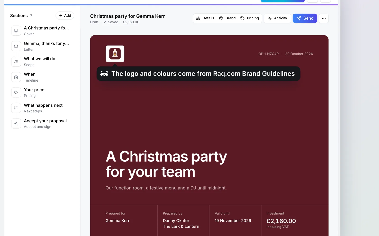 The quote in Raq.com Quotes & Proposals, in The Lark & Lantern’s branding
