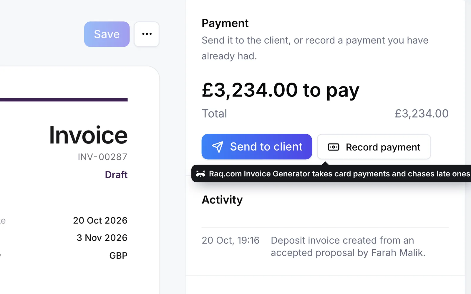 The deposit invoice in Raq.com Invoice Generator, ready to send