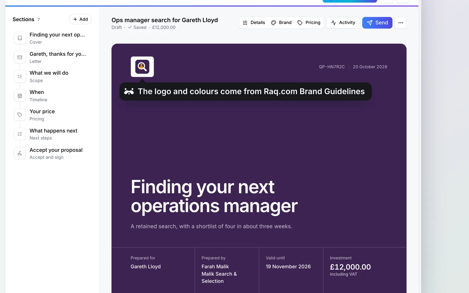 The quote in Raq.com Quotes & Proposals, in Malik Search & Selection’s branding