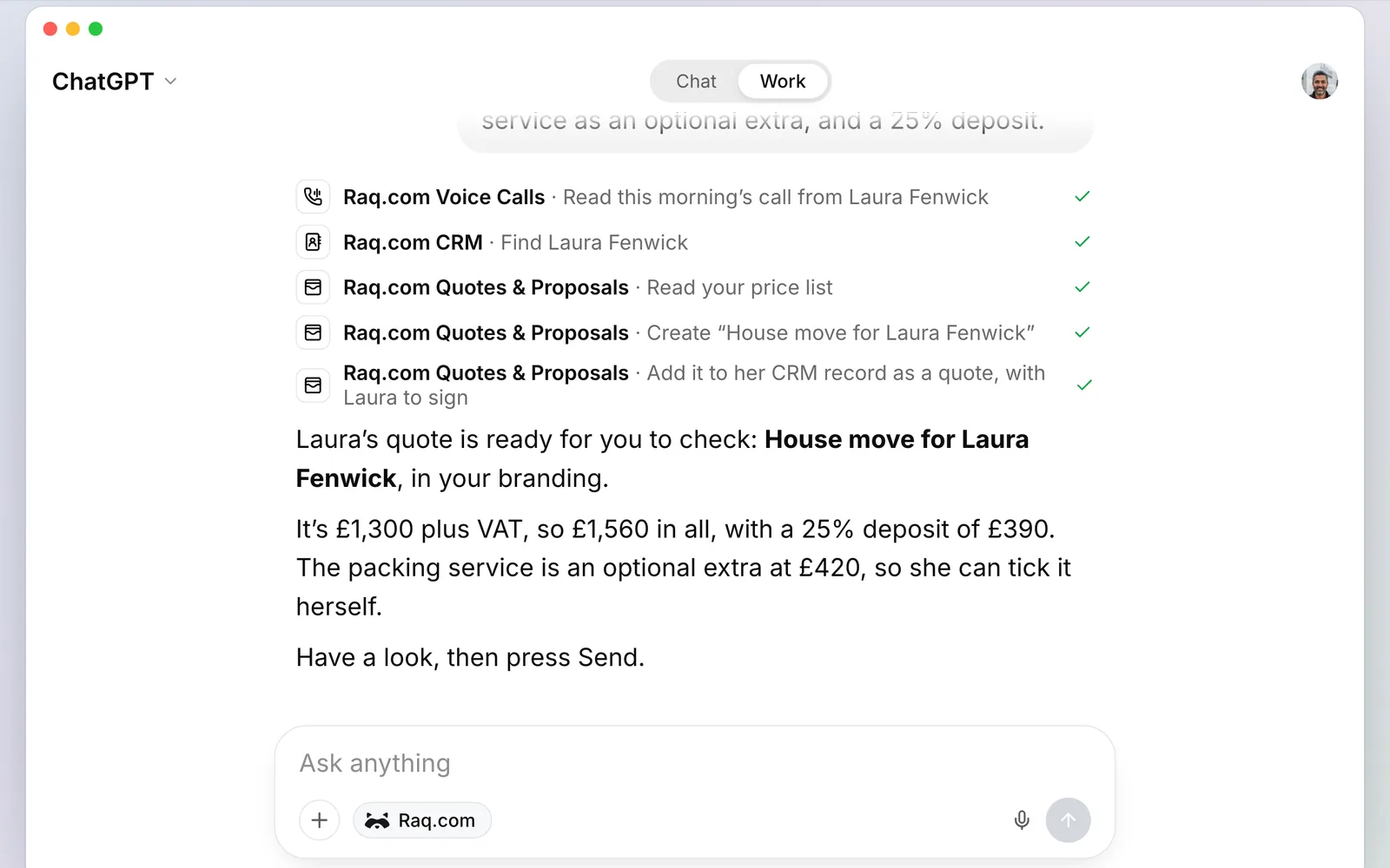 ChatGPT using Raq.com to read the call, find Laura in the CRM and build the quote