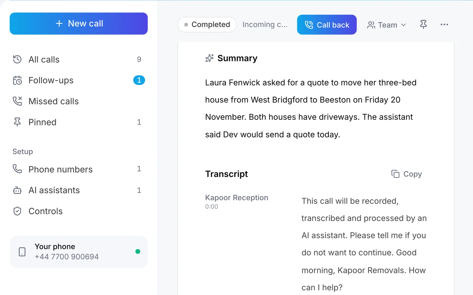 Raq.com Voice Calls showing the summary and transcript of Laura’s call
