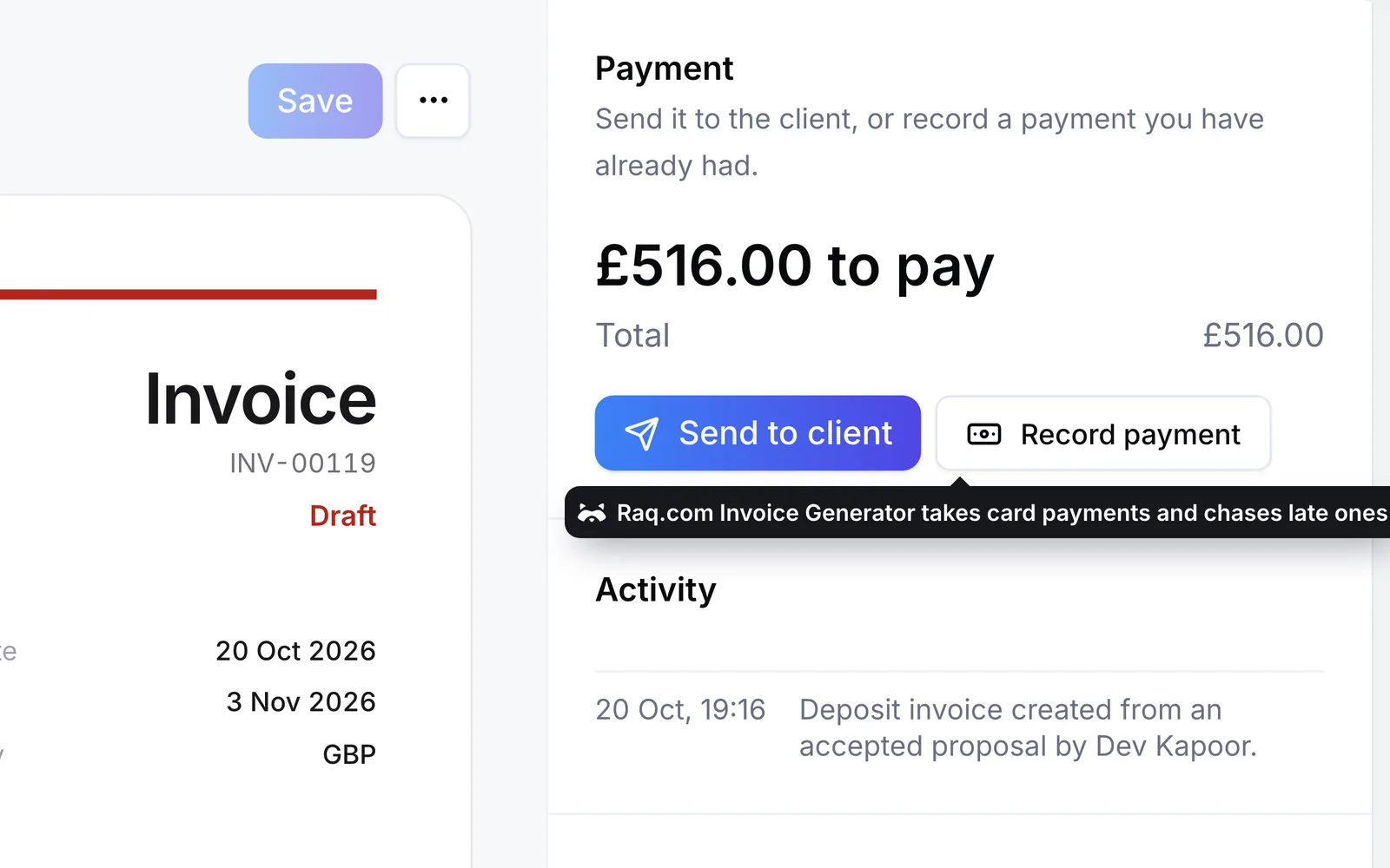 The deposit invoice in Raq.com Invoice Generator, ready to send