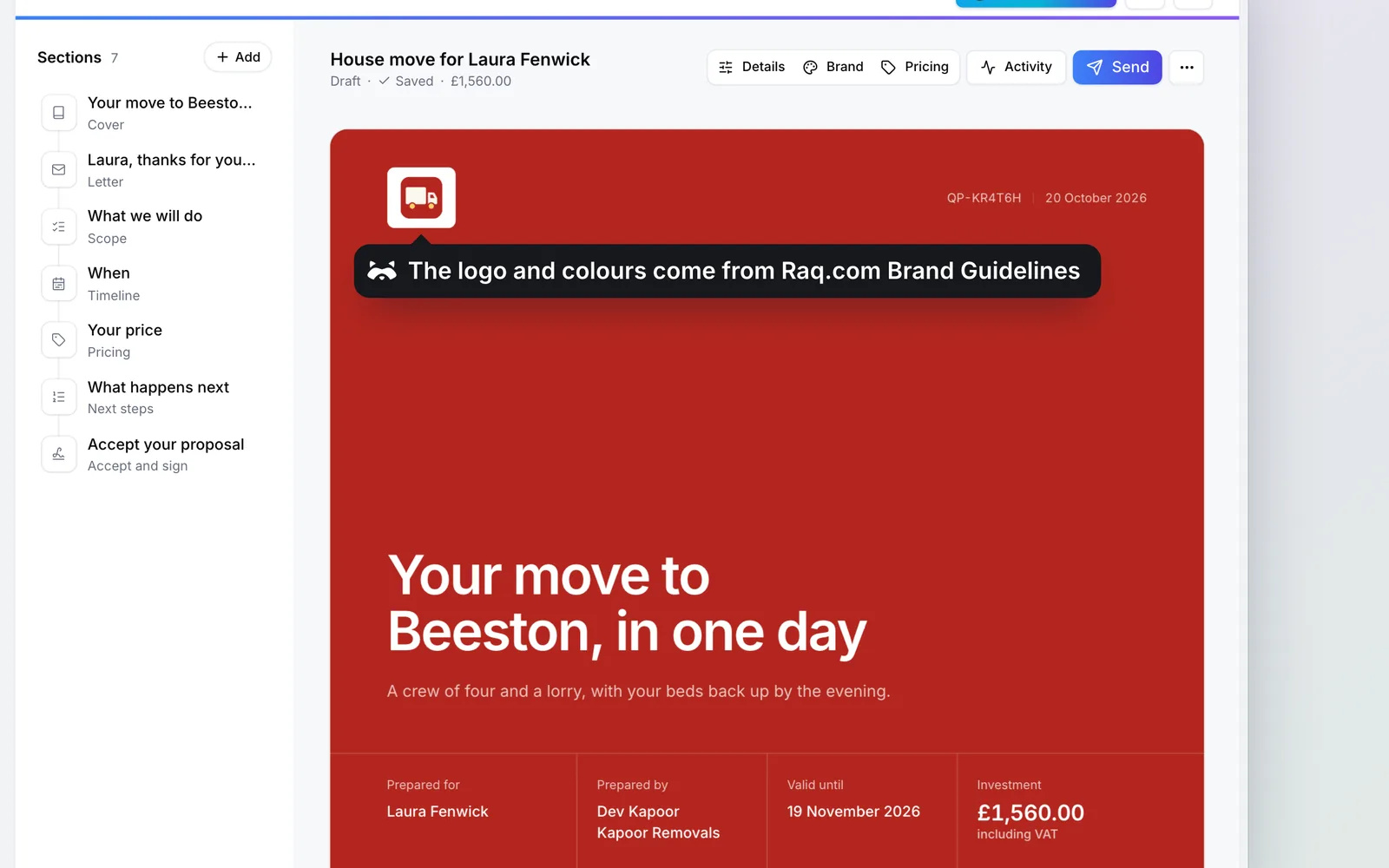 The quote in Raq.com Quotes & Proposals, in Kapoor Removals’s branding