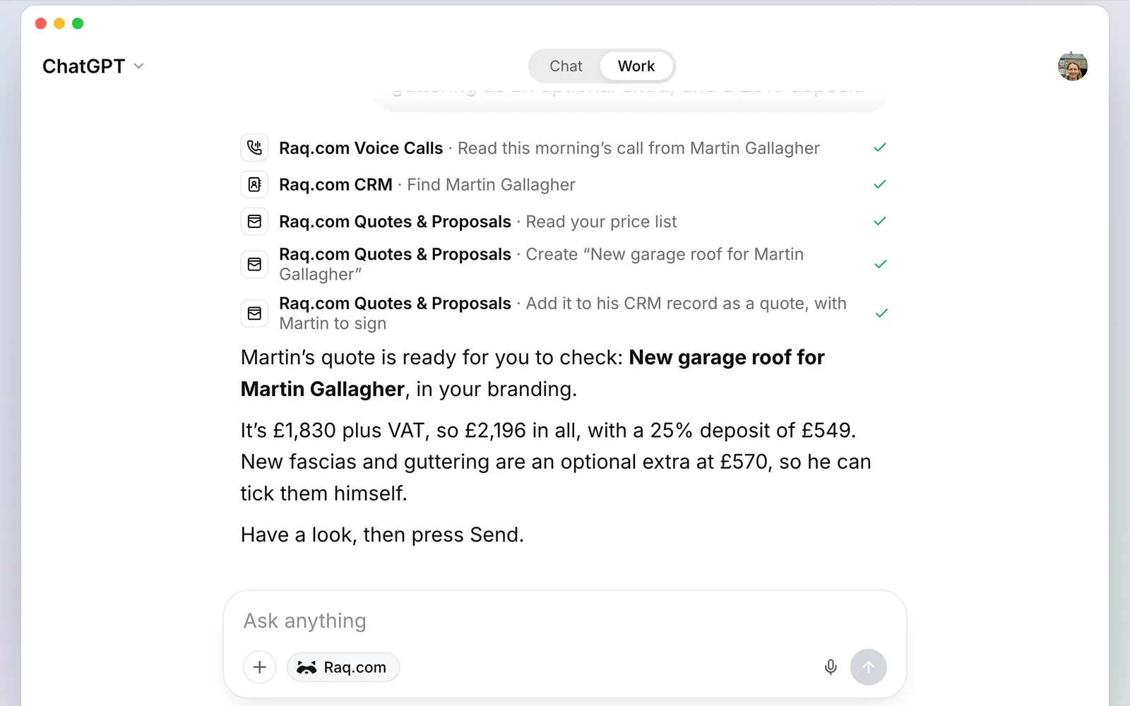ChatGPT using Raq.com to read the call, find Martin in the CRM and build the quote