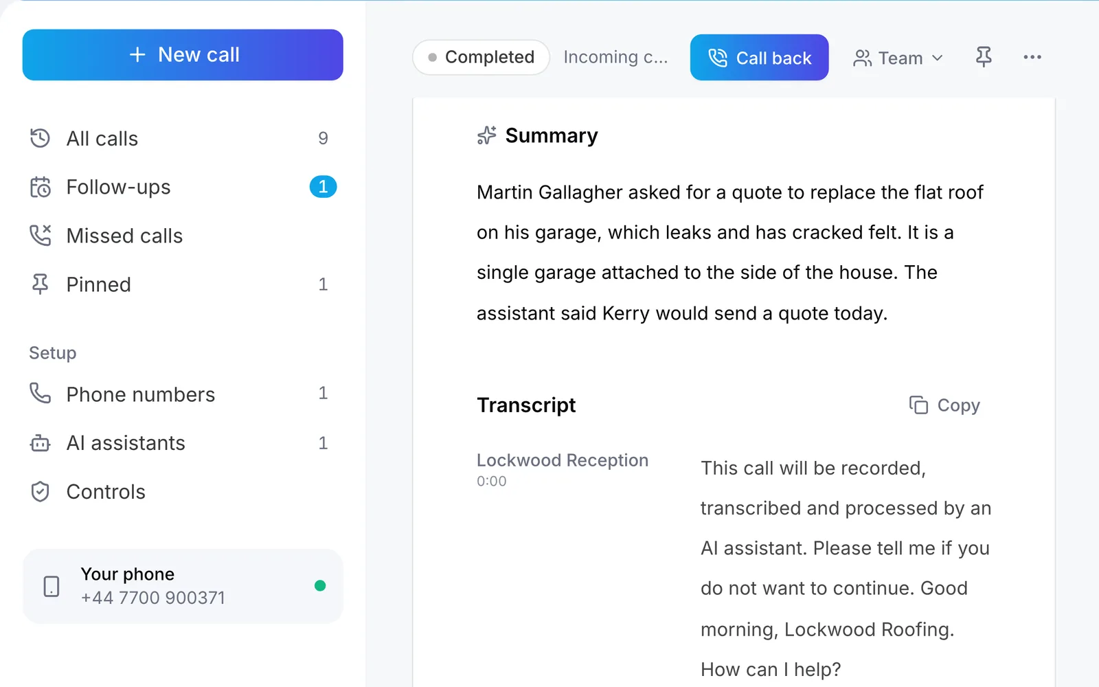 Raq.com Voice Calls showing the summary and transcript of Martin’s call