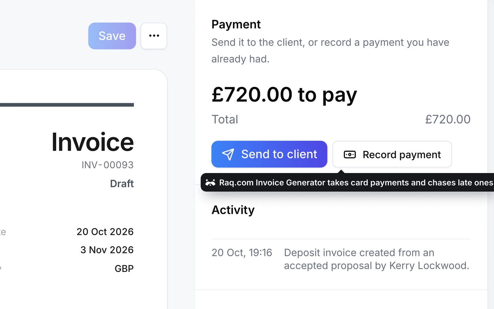 The deposit invoice in Raq.com Invoice Generator, ready to send