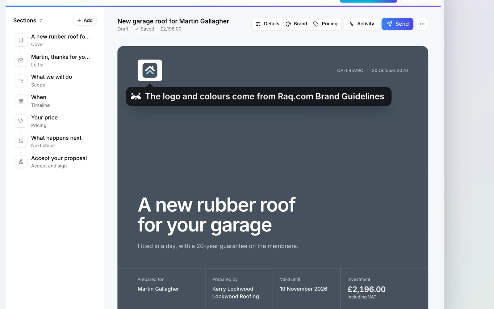 The quote in Raq.com Quotes & Proposals, in Lockwood Roofing’s branding