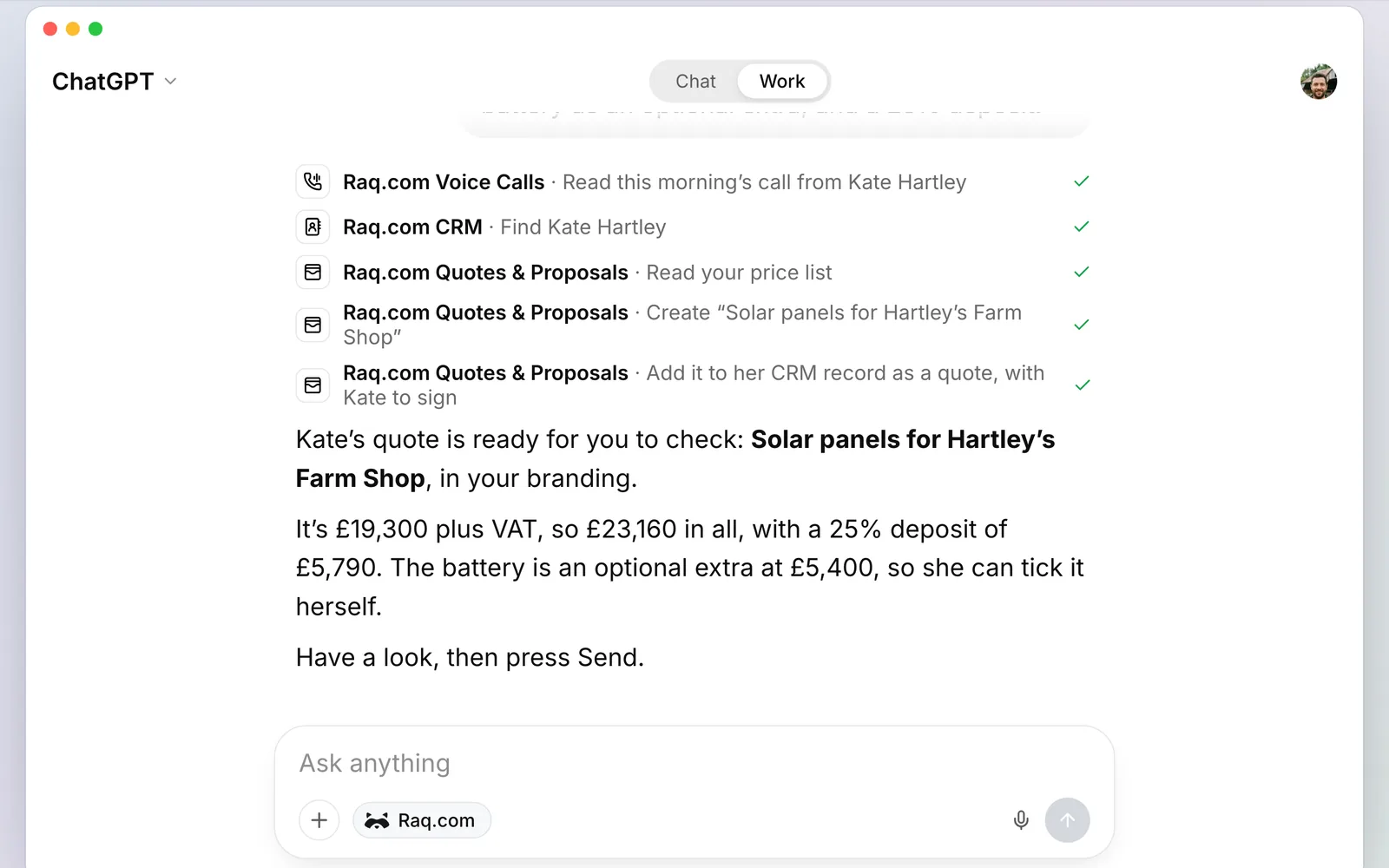 ChatGPT using Raq.com to read the call, find Kate in the CRM and build the quote