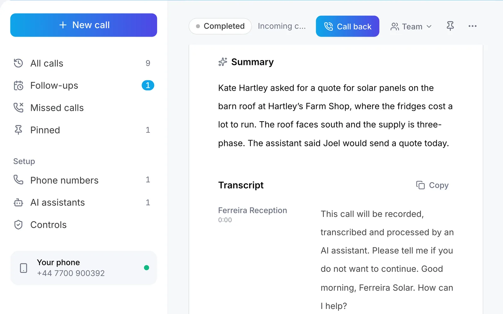 Raq.com Voice Calls showing the summary and transcript of Kate’s call