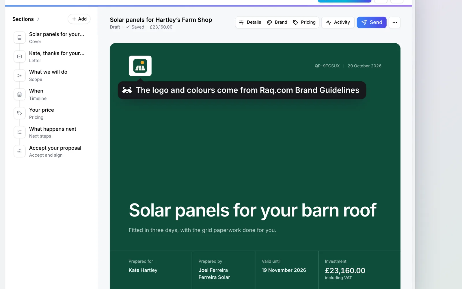 The quote in Raq.com Quotes & Proposals, in Ferreira Solar’s branding