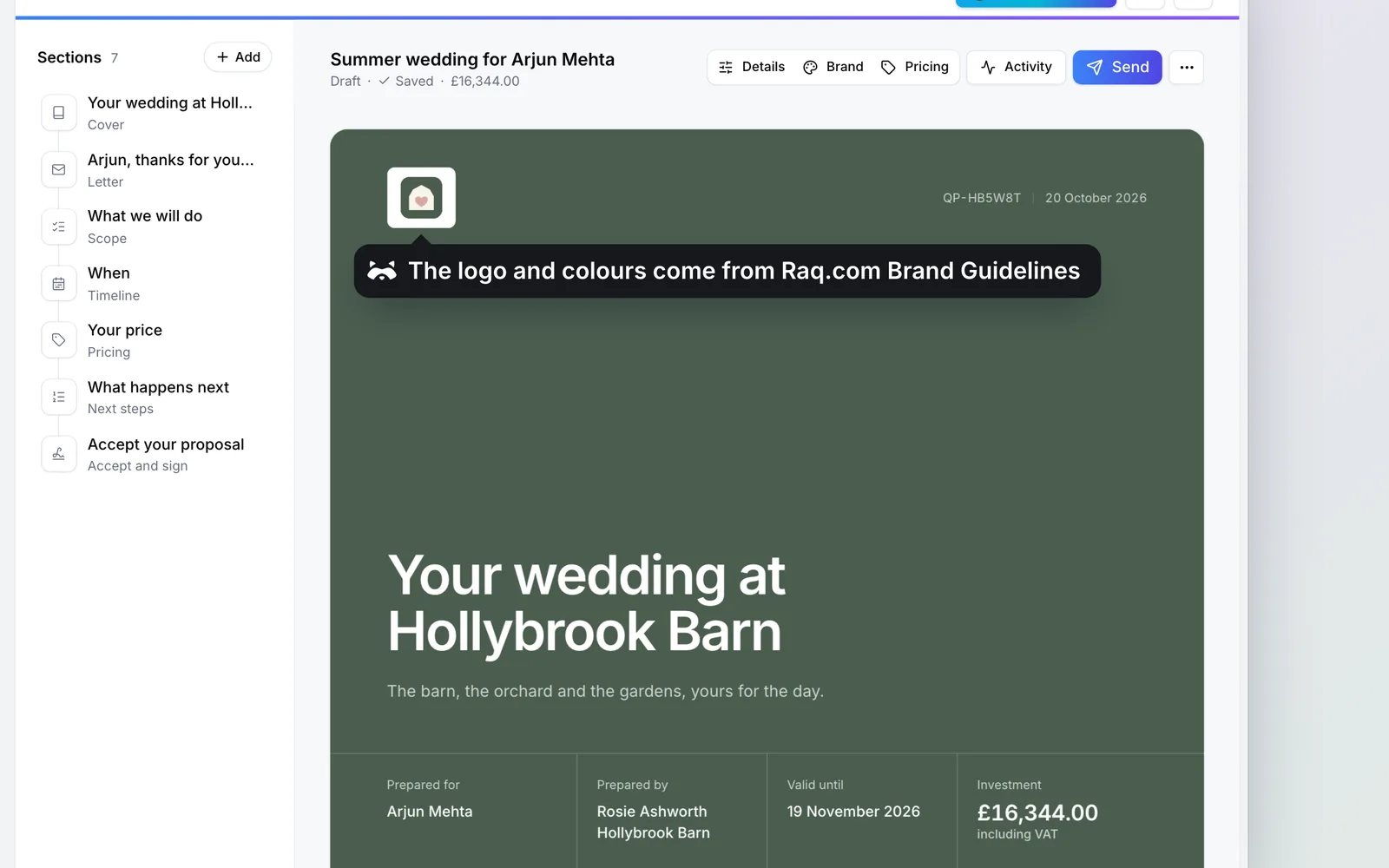 The quote in Raq.com Quotes & Proposals, in Hollybrook Barn’s branding
