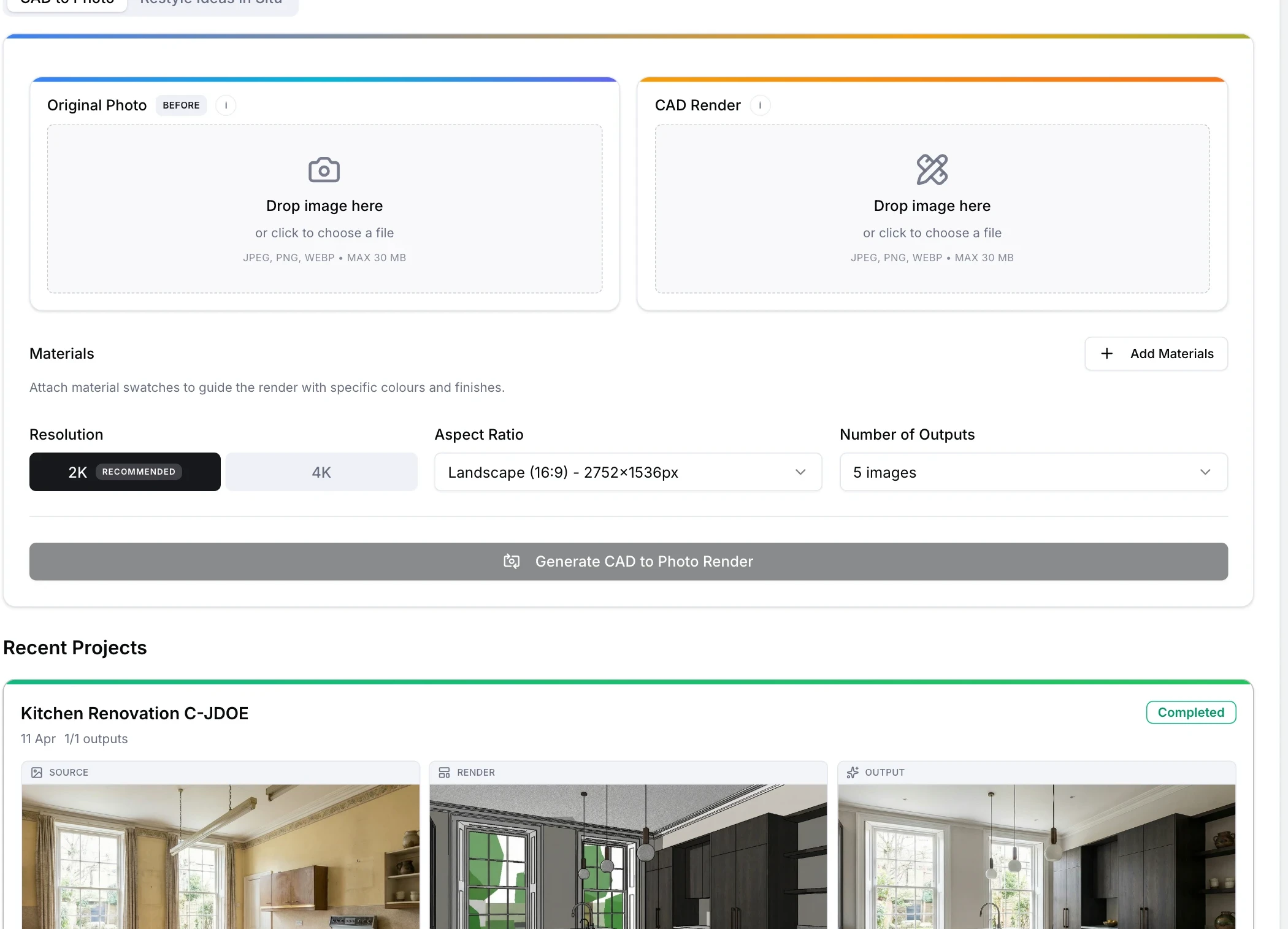 Render to Reality interface
