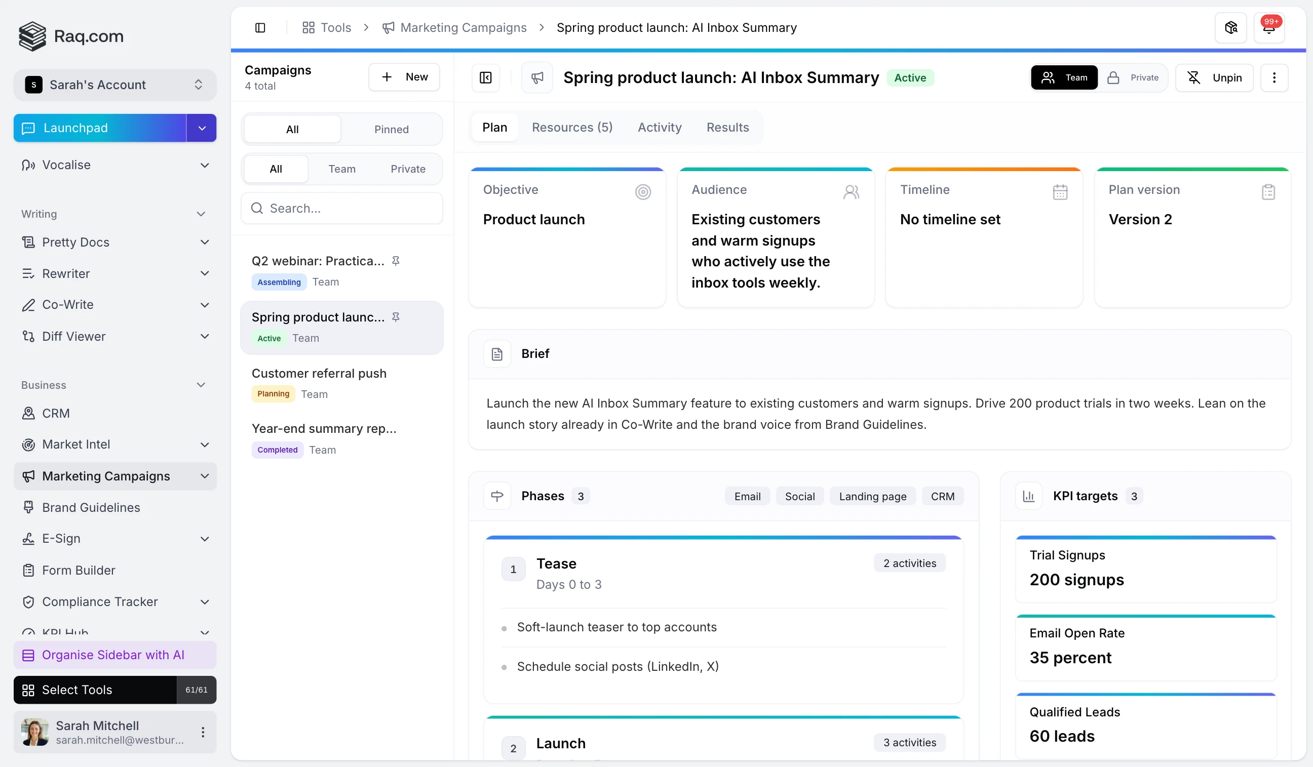 Marketing Campaigns interface