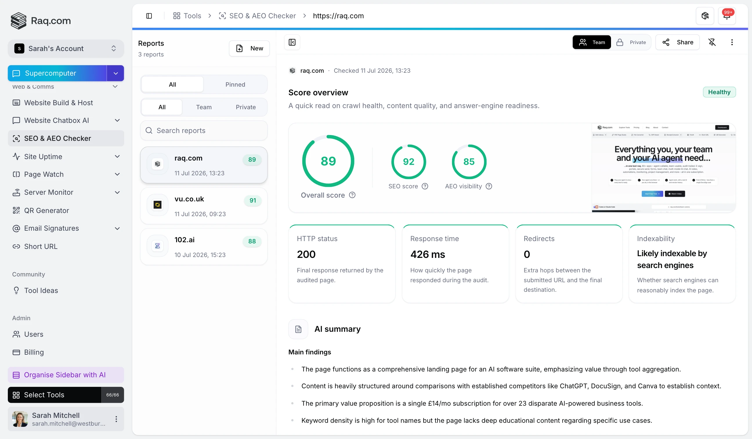 SEO & AEO Checker interface