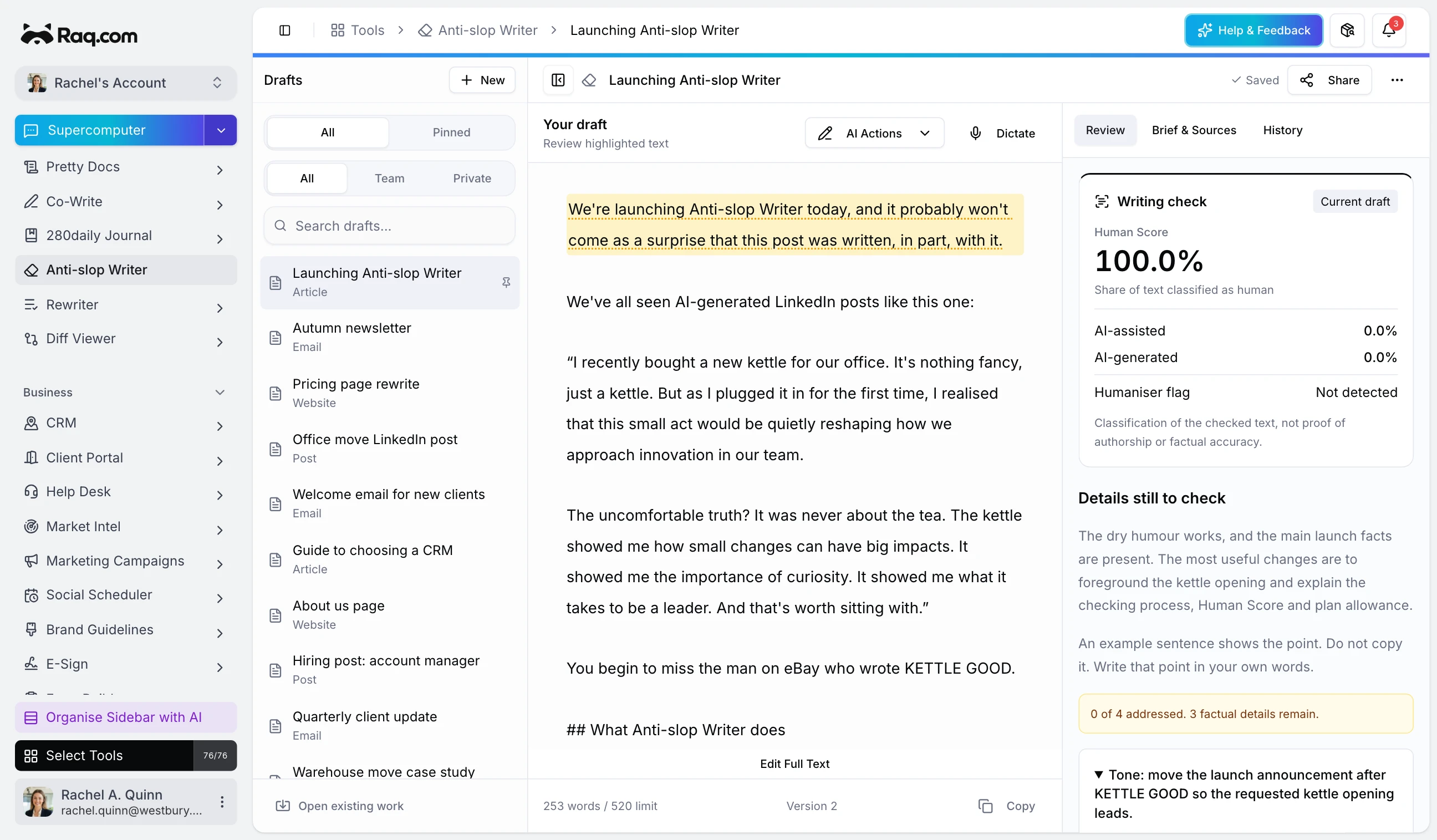 Anti-slop Writer interface