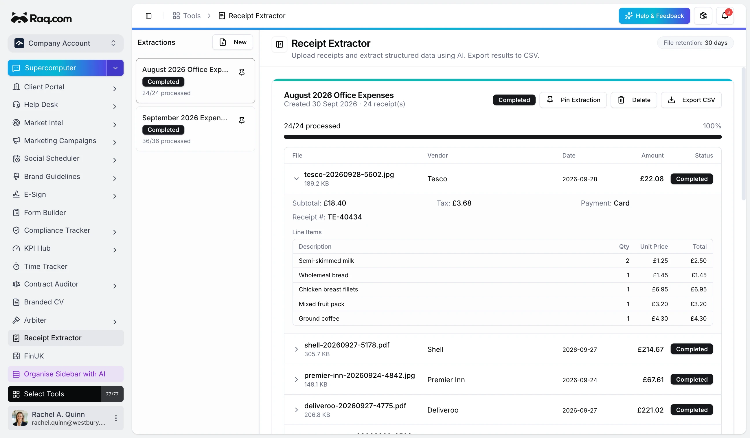 Receipt Extractor interface