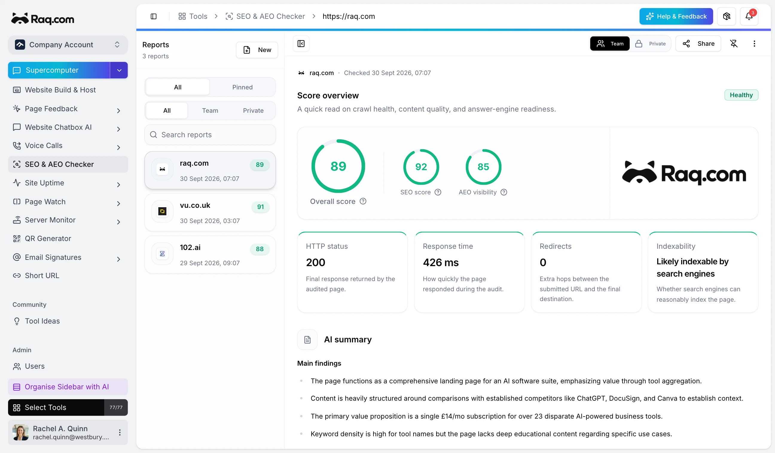 SEO & AEO Checker interface