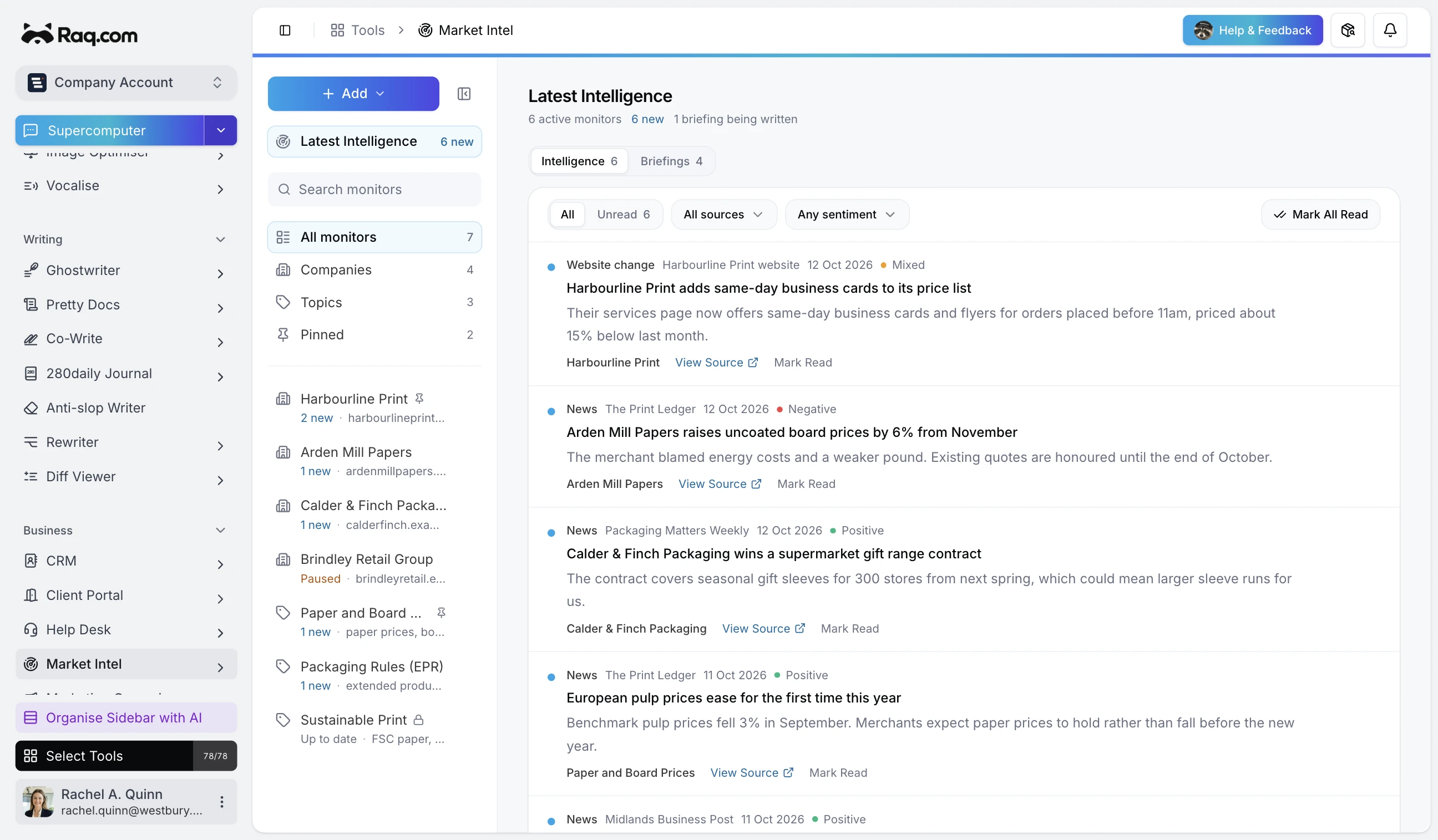Market Intel interface