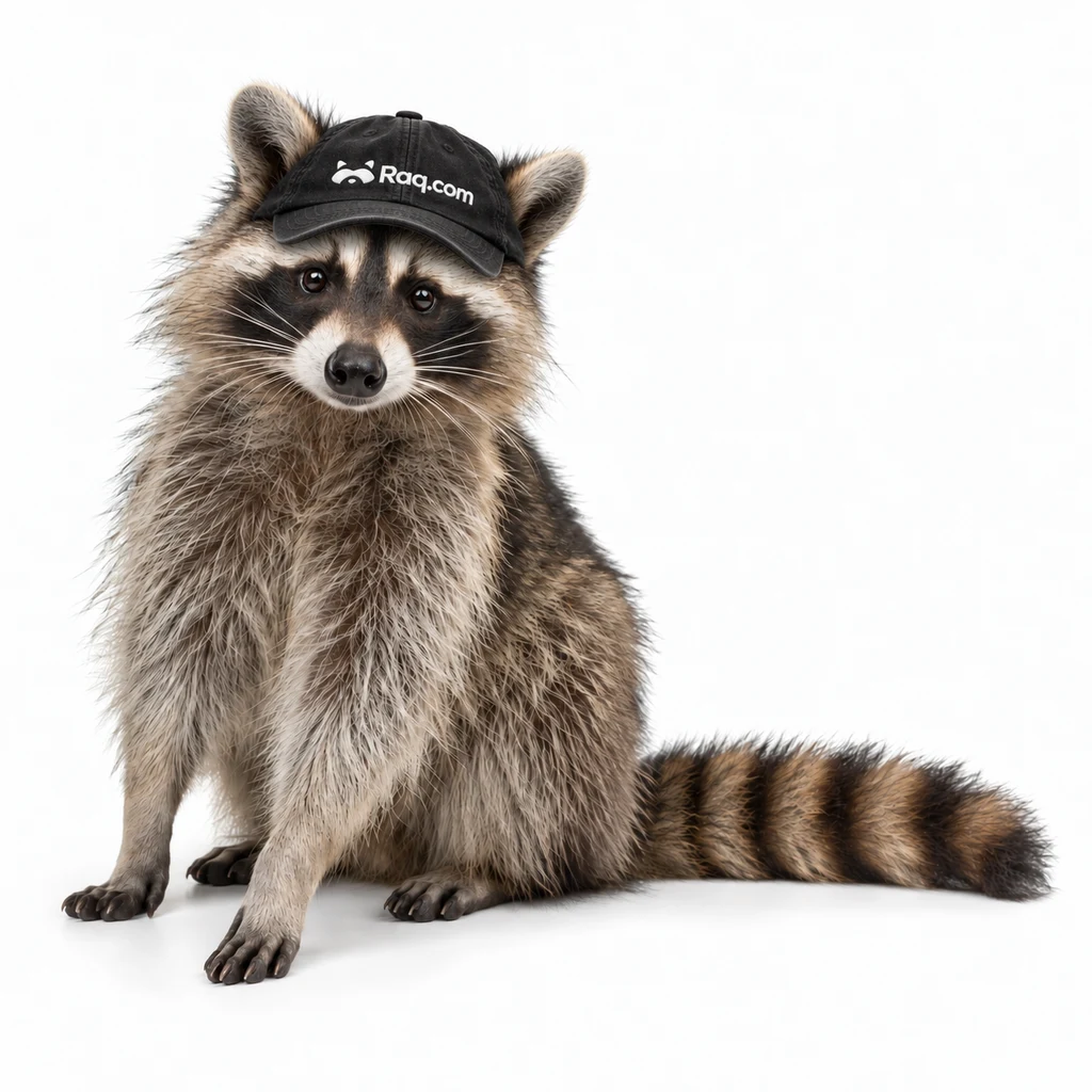 Raqoon, a realistic raccoon wearing a black Raq.com baseball cap
