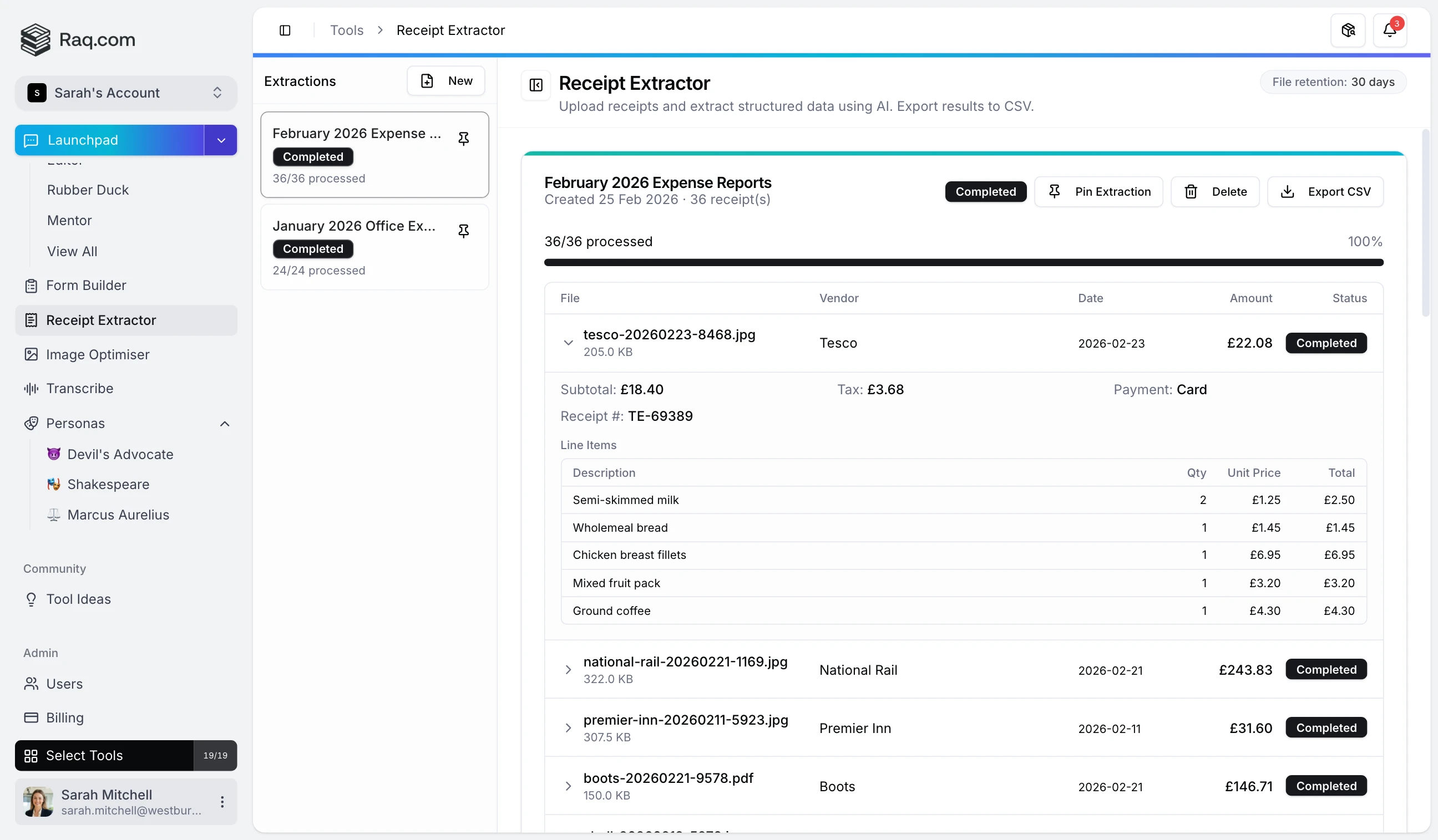 Receipt Extractor interface